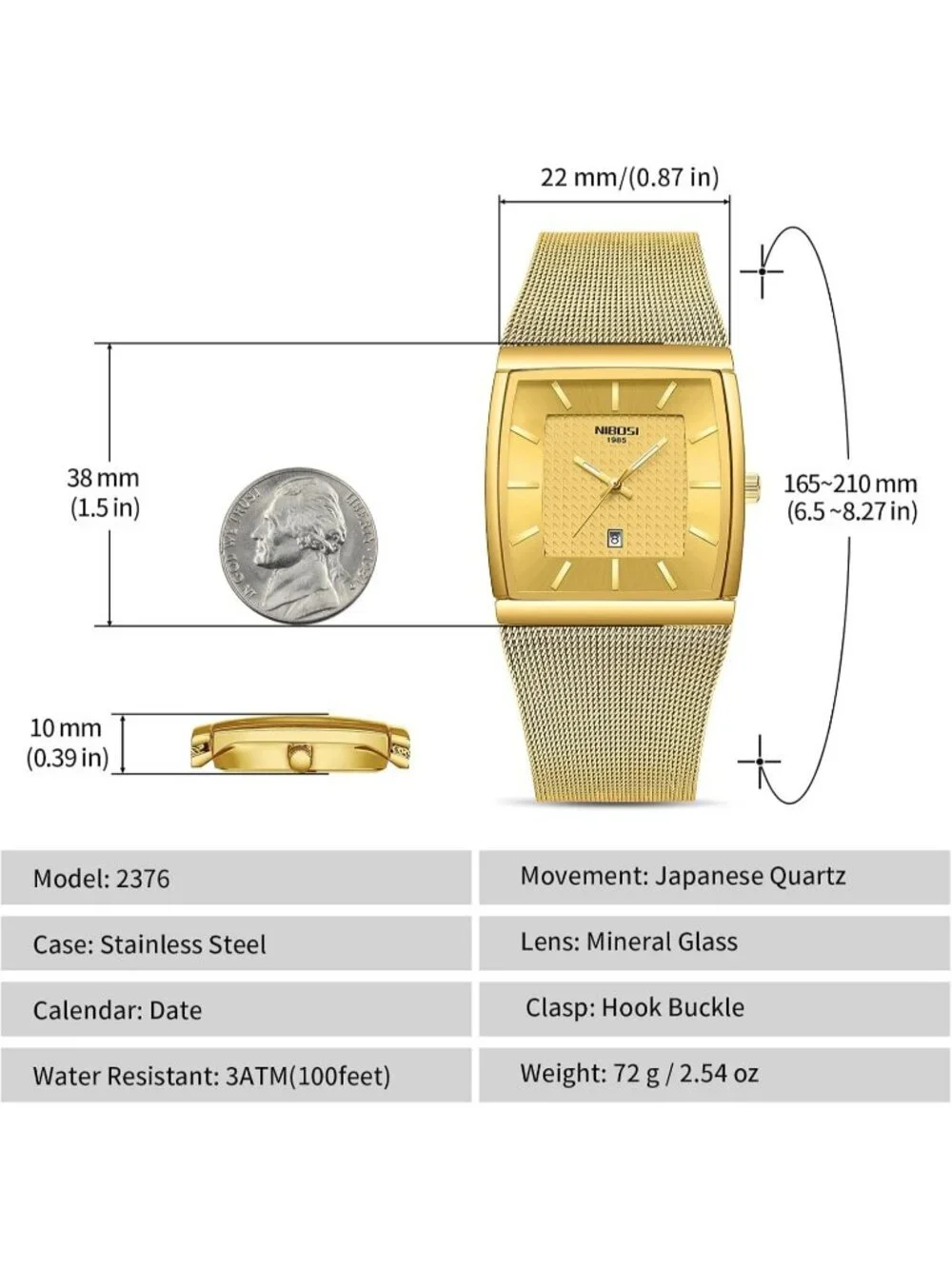 Nibosi Men's Gold Square Analog Quartz Stainless Mesh Strap Waterproof Watch